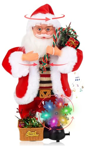 Weihnachtsmann Figur mit Musik und beweglichen Armen, 33*15*13 cm Animierte Santa Puppe mit rotierenden Schneeflocken und LED-Effekten, batteriebetriebene Weihnachtsdekoration für Zuhause