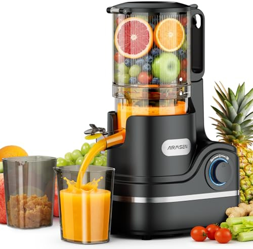 AIRMSEN Entsafter Slow Juicer mit 147mm Extra Großem Einfüllschacht, 2,1L Kapazität, 300W Motor, 7+1 Stufen Verbesserte Slow-Spirale, Hohe Saftausbeute für Ganze Früchte und Gemüse