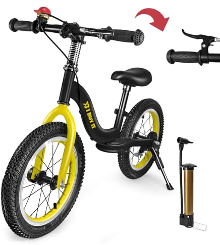I BUY IT 16 Zoll Laufrad ab 4 5 6 7 Jahre Jungen Mädchen, Verstellbares Kinder Laufräder mit Bremse & Ständer, Kinderlaufrad ohne Pedale mit Luftreifen & Fußstütze (Schwarz & Gelb, 16 Zoll)