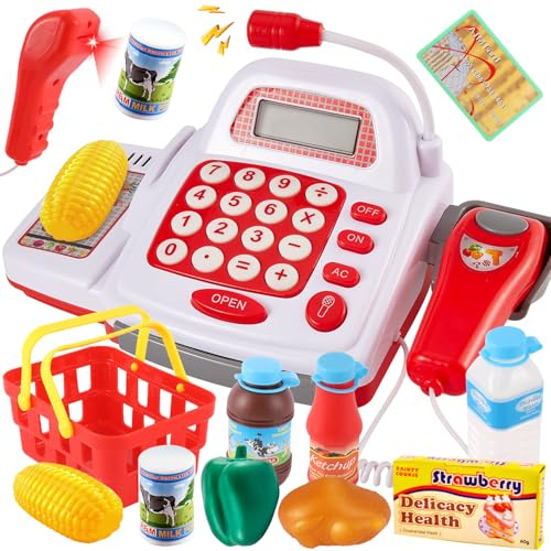 TOEY PLAY Kasse Kaufladen Kinder, Kinderkasse mit Scanner und Sound, Kasse Spielzeug, Kaufladen Zubehör, Spielkasse Kinder Geschenk für Mädchen Jungen ab 3 4 5 Jahre