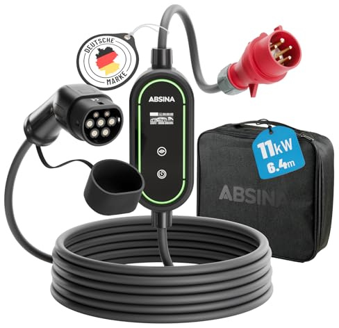 ABSINA Mobile Wallbox 11kW mit Einstellbarer Ladeleistung - Typ 2 Ladekabel E Auto 16A 3 phasig IP67 mit 6,6 m Kabel - 11kW Ladegerät Typ 2 für i3, e-Up, ID.3, Zoe, fortwo, Kona UVM - 11 kW Wallbox