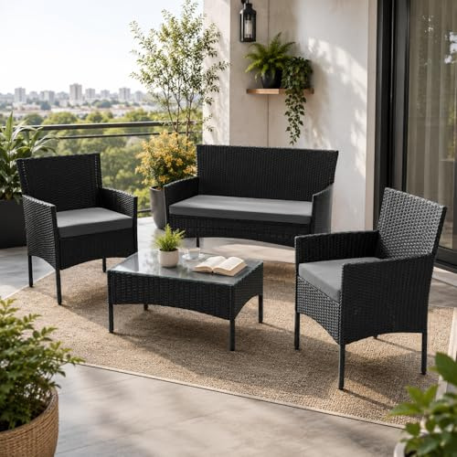 Juskys Polyrattan Sitzgruppe Fort Myers 4 Personen mit 2er Sofa, 2 Stühle, Tisch & Sitzkissen wetterfest schwarz/grau Balkonmöbel Gartenmöbel Set