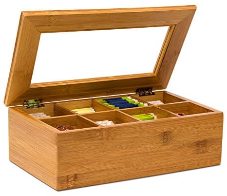 Relaxdays Teebox mit 8 Fächern, Bambus, Teebeutel Aufbewahrung, Teekiste mit Sichtfenster, HBT: 9 × 28 × 16 cm, Natur
