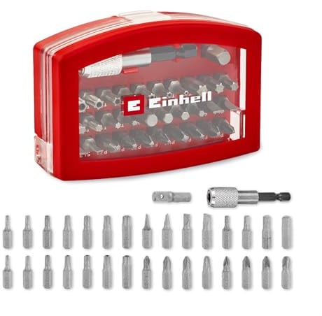 Einhell 32-tlg. Bit-Set aus CrV-Stahl | 25-mm-Bits | 60-mm-Schnellwechselbithalter | Stecknuss-Adapter | inkl. Aufbewahrungsbox mit Gürtelclip
