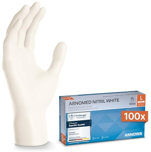ARNOMED Nitril Einmalhandschuhe 100 Stück/Box, L, weiß, latexfreie Einweghandschuhe, puderfreie Nitrilhandschuhe, in Gr. S, M, L & XL verfügbar