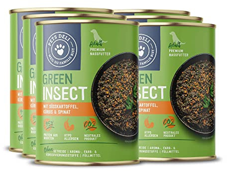 Pets Deli Green Nassfutter für Hunde mit Insektenbasis, 6x400g | Insektenprotein als alternative Quelle, hypoallergen bei Unverträglichkeiten, getreidefrei, ohne Zucker, Premium Qualität