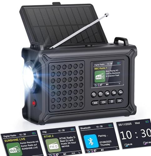 ROCAM Kurbelradio DAB+/UKW, Tragbare Notfallradio 12000mAh mit 8500mm² Solarpanel & 650mA Kurbel, Digital Radio mit Bluetooth, 2,4 Farbdisplay, 80 Sender, SOS, LED Taschenlampe, USB, IPX6 für Camping