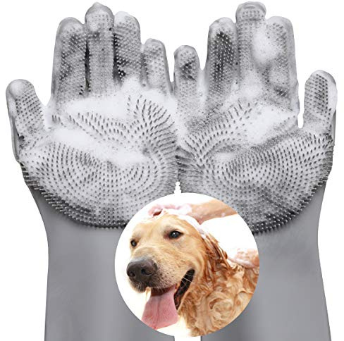 VavoPaw Weiche und magische Fellpflege-Handschuhe für Haustiere, effektiver Entwirrungshandschuh für Hunde und Katzen mit langem und kurzem Fell, Shampoo-Handschuhe für die Badewanne – Grau