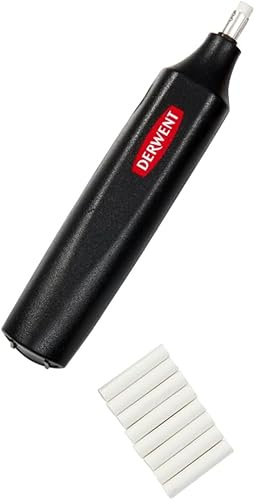 Derwent Batteriebetriebener Radierstift, Inklusive 8 Ersatzradiergummis, Geeignet für Graphit-, Bunt- und Pastellstifte, Professionelle Qualität, Schwarz, 2301931