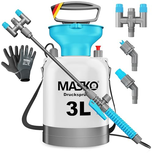 MASKO® Drucksprüher säurebeständiges Drucksprühgerät 3L Füllinhalt mit verstellbaren Düsen & 1,3m Schlauch | Sprühgerät für Pflanzenschutz, Garten & Auto | Pumpsprühflasche inkl Tragegurt & Handschuhe