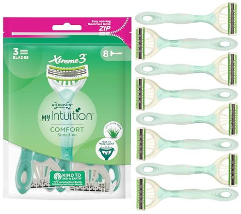 Wilkinson Sword - MyIntuition Comfort Sensitive Xtreme 3 - Einwegrasierer - Rasierer mit 3 flexiblen Klingen für Frauen - Gleitstreifen mit Aloe und Jojoba - Packung mit 8 Stück