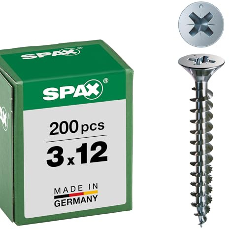 SPAX Universalschraube, 3,0 x 12 mm, 200 Stück, Kreuzschlitz Z1, Senkkopf, Vollgewinde, 4CUT, WIROX A3J, Blank Verzinkt
