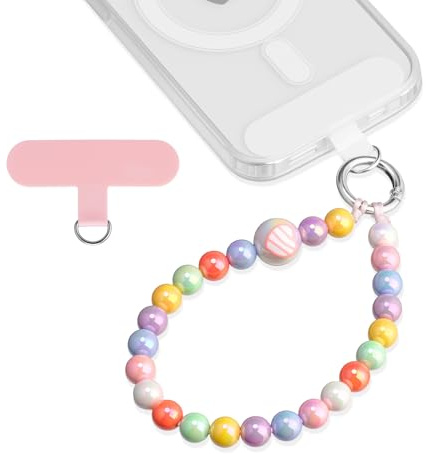 Handykette Perlen Kurz Handyanhänger Handgelenk, Tasche & Schlüssel | bunte Perlen 10 mm, leicht, als Handyband, Taschenkette & Schlüsselband, kabelloses Laden, ohne Werkzeug, Diebstahlschutz
