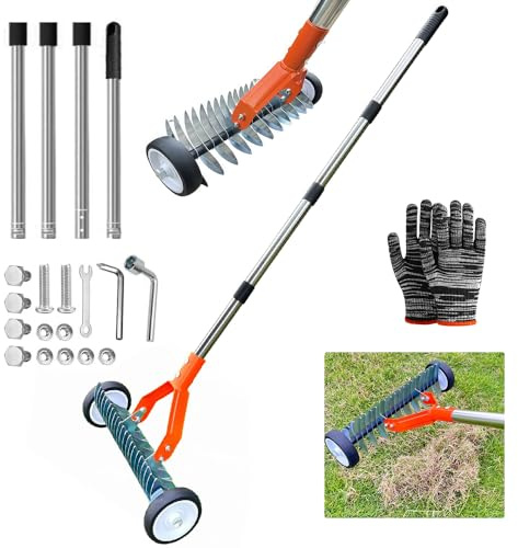 Handvertikutierer mit Rollen,Vertikutierer Rechen mit Stiel 165cm,Rasenlüfter mit Rädern,Metall Schneidrechen Garten,Abnehmbar,Verstellbarer Vertikutierrechen,Vertikutierharke für Garten,Hof,Rasen