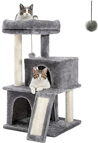 PETEPELA Katzenbaum Kratzbaum Kratzbäume Katzenmöbel mit Sisal-Seil Plüsch Liege höhlen Spielhaus Spielzeug für Katzen Grau