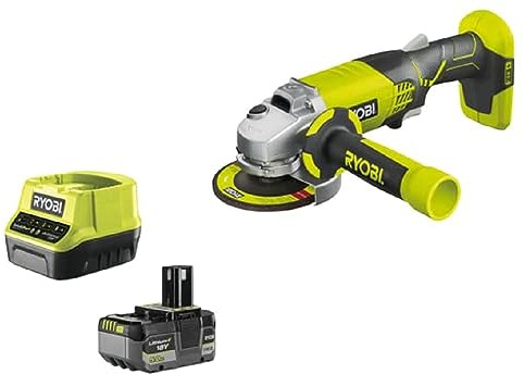 RYOBI 18 V ONE+ Akku-Winkelschleifer R18AG-150GZL (Scheibendurchmesser 115 mm, Leerlaufdrehzahl 0-7500 min-1, Bohrungs-Ø 22 mm, inkl. Schruppscheibe, 5,0 Ah Akku & Ladegerät im Karton)