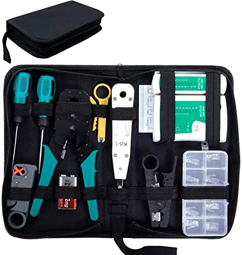 SGILE 12 in 1 Netzwerk Werkzeug Set für RJ45, RJ11, RJ12 – Crimpzange RJ 45, Netzwerk & LAN Kabel Tester, Kabeltester Kit für DIY Haushalt & Computer Wartung, Kompatibel mit CAT5 und CAT6
