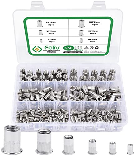 Foliv 250 Stück Nietmuttern Sortiment Set, M3 M4 M5 M6 M8 M10 Nietmuttern Sortiment Nietmutter A2-70 Edelstahl Zugnietmutter Rivet nuts Muttern mit Aufbewahrungsbox