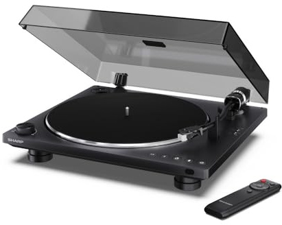 Sharp RP-TT100 – Automatischer Plattenspieler mit Bluetooth 5.4, USB-C-Recording, Audio-Technica Tonabnehmer, Vollautomatik, Staubschutzhaube, schwarzes ABS-Deck