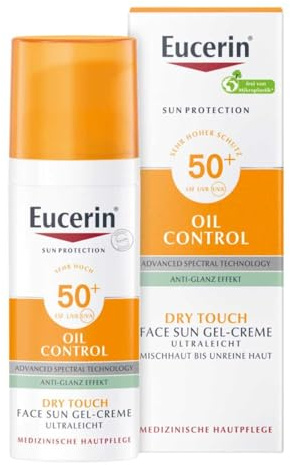 Eucerin Oil Control Sun Face Gel-Creme LSF 50+ 50 ml, unparfümierte Sonnencreme mit Dry Touch für empfindliche, fettige und zu Akne neigende Haut, schnell einziehender Sonnenschutz mit UV-Filter