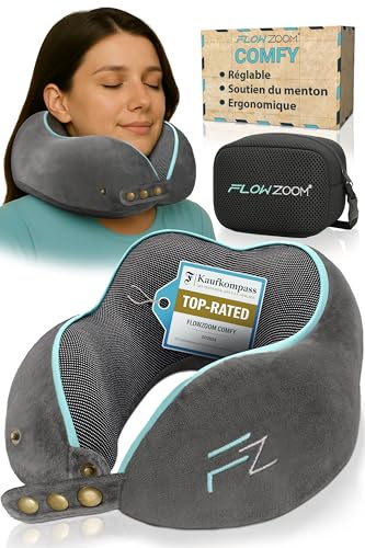 FLOWZOOM Comfy Nackenkissen Flugzeug & Auto - Einstellbares Memory Foam Reisekissen mit flexiblen Druckknöpfen für 360° Stütze, atmungsaktiver weicher Bezug - inkl. Transportbeutel - Grau