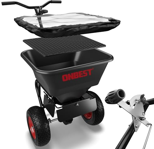ONBEST Streuwagen – Düngestreuer – Flexible Streubreite – 45 Liter Streuer – Universal für den Winterdienst, als Aussaathilfe oder Düngerwagen für Rasen – Schleuderstreuwagen mit Luftreifen