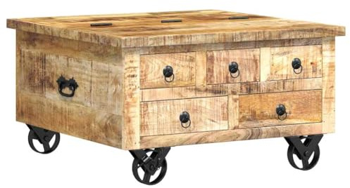 vidaXL Raues Mangoholz Couchtisch mit 5 Schubladen 1 Staufach Vintage Beistelltisch Wohnzimmertisch Kaffeetisch Sofatisch 70x70x40cm