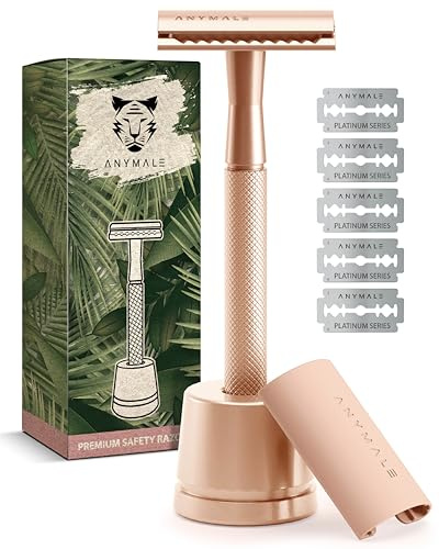 ANYMALE® Rasierhobel Damen (Rosegold Edition) inkl. 5 x Klingen & Ständer | Nassrasierer & Frauen Rasierer (Zero Waste) Metall 5 Ersatzklingen & Rasierständer - Damenrasierer & Klingenrasierer Razor