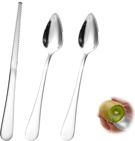 Giantree Grapefruitlöffel Edelstahl, 2 Grapefruitlöffel aus Edelstahl und 1 Grapefruitmesser Fruchtlöffel gezackte Kanten Löffel für Kiwi Äpfel Grapefruits