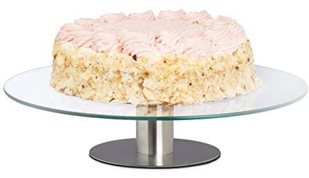 Relaxdays Tortenplatte drehbar, Standfuß, Kuchenplatte zum Dekorieren, Torten Drehteller für Kuchen, Ø 30cm, transparent, 1 Stück