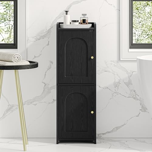Hzuaneri Badezimmerschrank, Badschrank mit 2 Türen und Verstellbarem Regal, Schmaler Toilettenpapierschrank, Badezimmer Organizer für Kleine Räume, Schwarz BC19904X