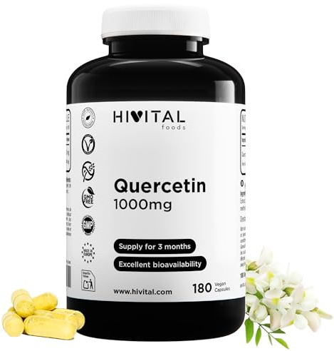 Quercetin 1000 mg. 180 vegane Kapseln für eine 3-monatige Kur. Natürlicher Extrakt aus Saphora Japonica-Blüten mit 95% Quercetin. Natürliches Bioflavonoid. Hergestellt von HIVITAL