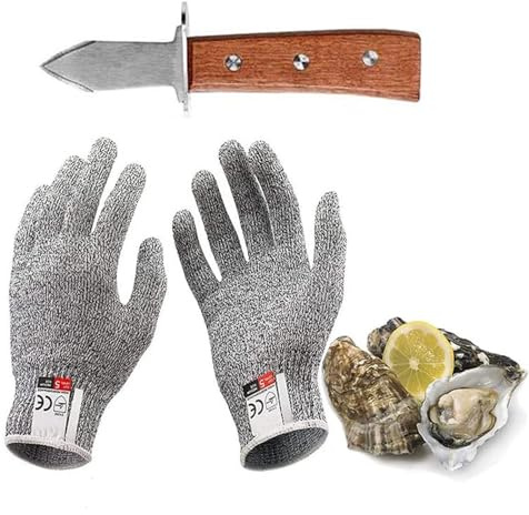 Kaqisen Austernmesser-Set, mit 6.7 Zoll Oyster Knife und Einem Paar Schnittfester Handschuhe der Klasse 5, Griff aus Eichenholz, Klasse A, Dreifach Vernietet, für Schalentiere oder Hartkäse
