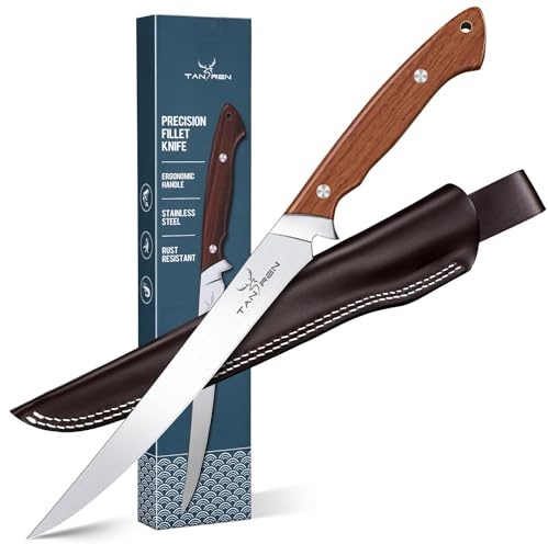 TAN REN Full Tang Filetiermesser Fisch 23cm, Edelstahl Filetiermesser Scharf Fisch mit Scheide, Fischerei Fisch zum Filetieren und Reinigen, Fischmesser mit Holzgriff