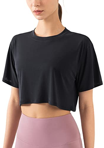 Damen Fitness Trainieren Crop-Tops Kurzarm Yoga T-Shirts Sportlich Betrieb Sport-Shirts