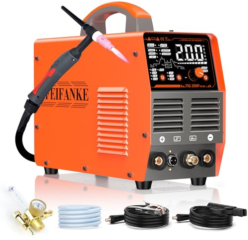 WIG Schweißgerät AC DC 230V 200A Inverter Schweissgerät IGBT Puls Aluminium Schweißgerät 7 in 1 Elektroden Schweißgerät mit Digitaler LED Anzeige und WP26 WIG Brenner Zur Edelstahl Aluminium