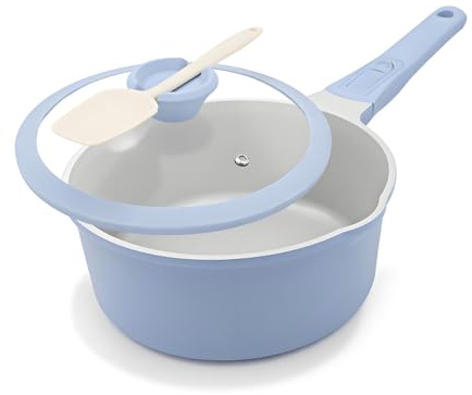 AIKENBBKK Keramik Stielkasserolle 16 cm mit Deckel, 1.5L Antihaft-Keramikbeschichtung Kasserolle mit Abnehmbarer Griff, Geeignet für alle Herdarten, PTFE-und PFOA-Frei(Blau-grau)