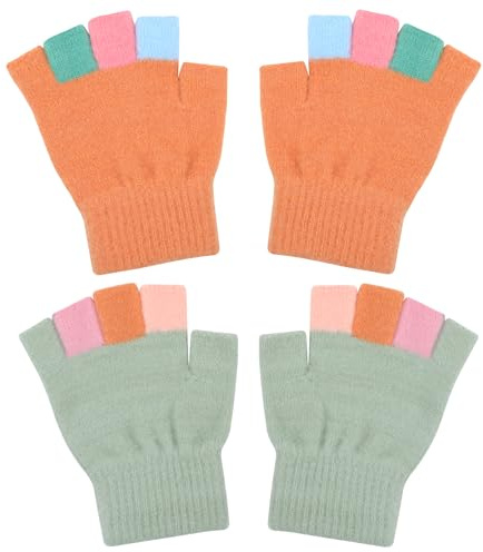 Kiiwah 2 Paar Fingerlose Handschuhe Kinder, Weich Fingerhandschuhe Ohne Fingerkuppen Kinderhandschuhe, Warme Halbfinger Handschuhe Kinder, Strickhandschuhe für Jungen und Mädchen 5-7 Jahre