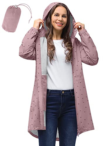 33,000ft Damen Dünne Wasserdichte Faltbar Regenmantel Regenjacke mit Kapuze, Leicht Atmungsaktive Travel Regenponcho, Lange Windbreaker Jacke für Frauen
