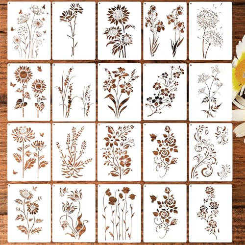 20 Stück Malschablonen Blumen Schablone Wildblumen Schablonen Malschablonen Erwachsene Wiederverwendbare Bemalen Wildblumen zum Malen für Diy, Möbel, Holz, Boden, Scrapbooking,Handwerk