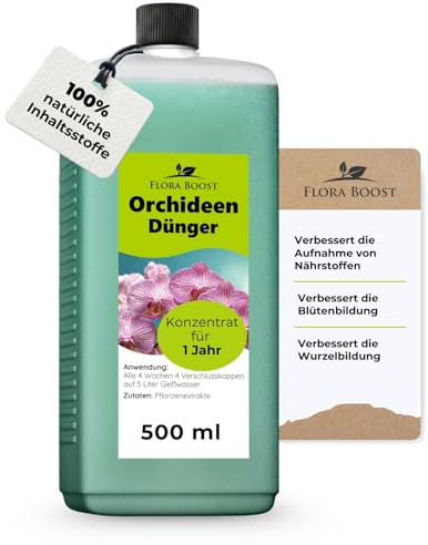 Konfitee Orchideen Dünger Flora Boost 500ml I Für bis zu 100L Gießwasser I Bessere Blütenbildung & Pflanzenwachstum I Flüssiger Blatt- & Wurzeldünger I 100% natürlicher Pflanzendünger