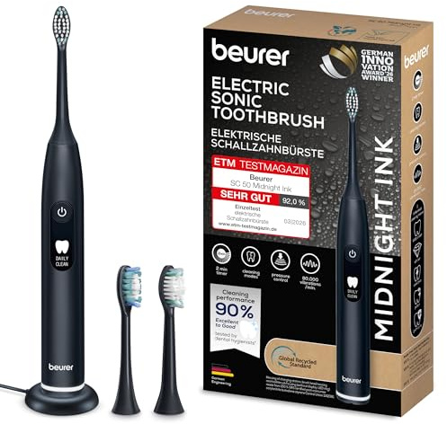 Beurer SC 50 Schallzahnbürste, elektrische Zahnbürste mit 5 Putzmodi & Andrucksensor, 80.000 Schwingungen, Display mit Putzdauer-Anzeige, inkl. 2 Aufsteckbürsten (Midnight Ink)