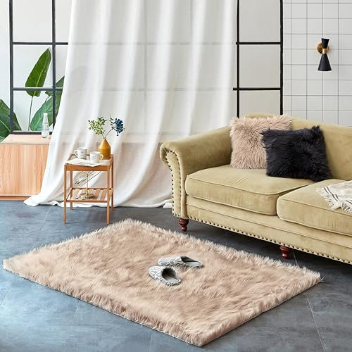 Teppich Wölkchen Schaffell Lammfell Imitat Fellteppich Kunstfell Teppich Waschbar - Flauschiger Teppich Wohnzimmer, Bettvorleger Schlafzimmer - Beige - 120x170 cm