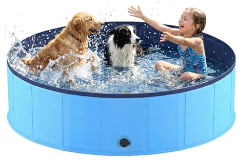 Hundepool faltbar aus kratzfestem PVC-Material, Ø 160 cm, Höhe 30 cm, Anti-Rutsch-Belag & Abflussstopfen für schnelle Entleerung, Keine Pumpe benötigt, robuster Haustierpool, Blau