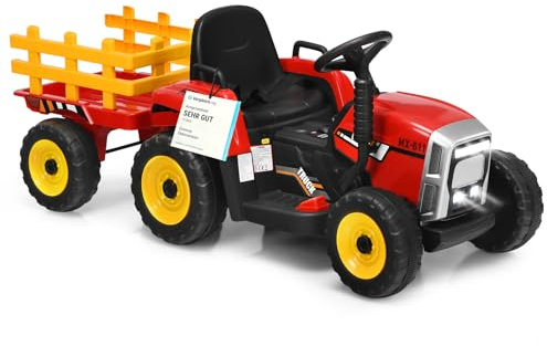 COSTWAY 12V 3-Gang Traktor mit abnehmbarem Anhänger und 2,4G Fernbedienung, Kinder Aufsitztraktor mit LED Lichtern, Musik, Hupe & USB Funktionen, geeignet für Kinder ab 3 Jahren (Rot)