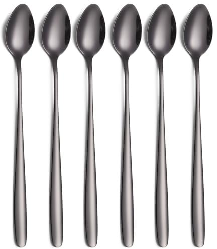 Tiokin Latte Macchiato Löffel Set, 6-teilig Schwarz, 19.8 cm langem Griff Mixing Ice Cream Rührlöffel aus Edelstahl Ideal für Eiskaffee Eistee Milchshake Eisbecher kühles Trinken