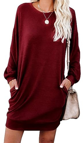 PrinStory Damen Pullover Kleid Freizeitkleider Rundhalsausschnitt Sweatkleid Mit Taschen