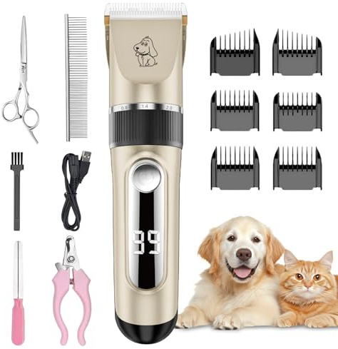 NWOUIIAY IPX7 Professionelle Haustier Haarschneidemaschine Leiser Wiederaufladbarer und Kabelloser Tierhaarschneider für Hunde Katzen Geeignet für alle Felltypen