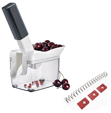 Westmark Kirschentsteiner mit Schütte, Kernkassette und Rezeptheft, inklusive Verschleißteil-Set 4tlg., Rostfreier Edelstahl/Kunststoff, Kernfix, Weiß/Dunkelgrau/Transparent, 403522E6