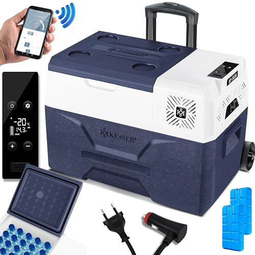 KESSER® Kompressor Kühlbox auto elektrisch 30L, Camping Kühlbox 12/24/230V mit APP-Steuerung, Gefrierbox bis –20 °C, Kühlbox mit Rädern & Teleskopgriff für Camping, Wohnmobil, LKW & Boot + 2 Kühlakkus